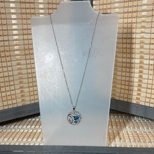 Silver Pendant Necklace with Blue Teal Butterfly Accent